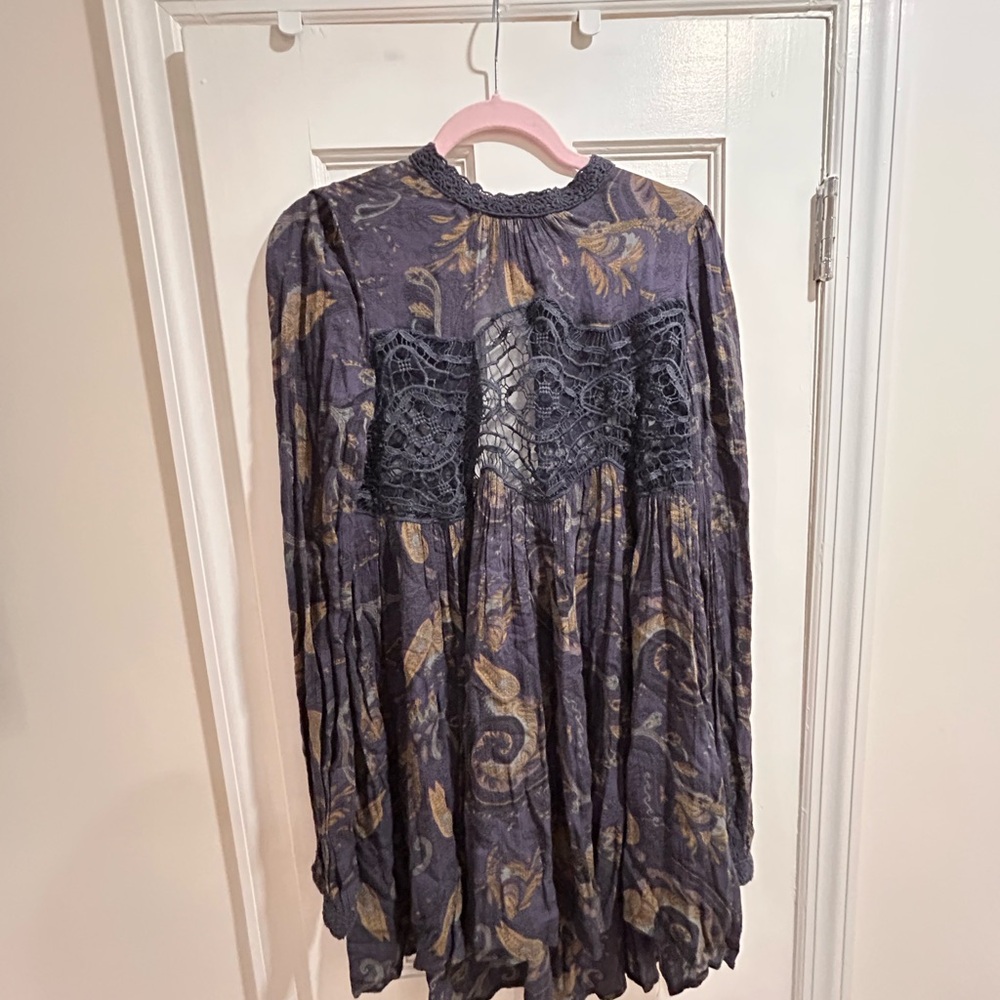 Free People Paisley and Lace Dress in Gold and navy blue